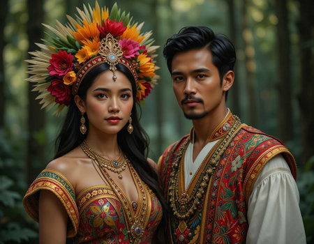 Portrait of a beautiful Asian couple in traditional thai costumeの素材