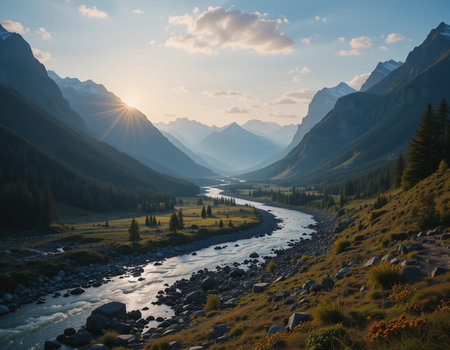 Mountain river in Altai mountains at sunset. Siberia, Russiaの素材