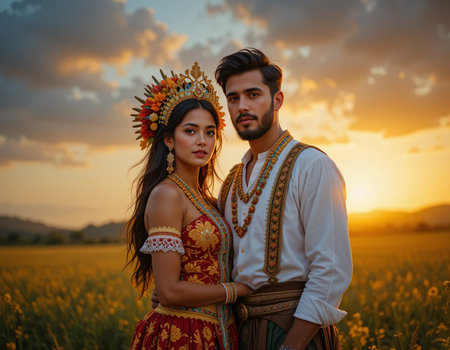 Portrait of a beautiful Asian couple in traditional clothes standing in the field at sunset.の素材