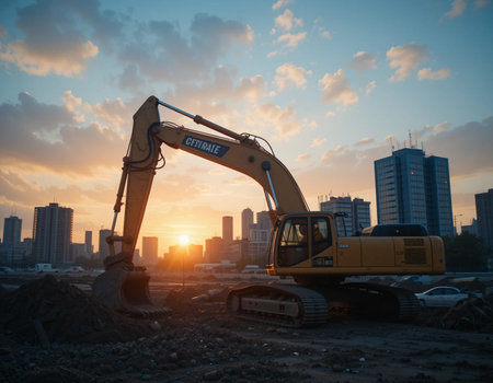 excavator working at construction site on sunset sky background, heavy duty construction equipmentの素材