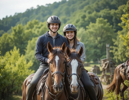 Young couple on a horseback riding in the countryside on a sunny dayの素材
