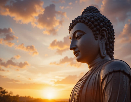 Buddha statue with sunset sky background at Phuket, Thailandの素材