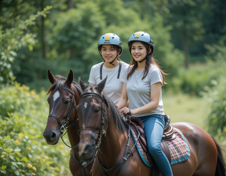 Two young Asian women riding on horseback in summer forest.の素材