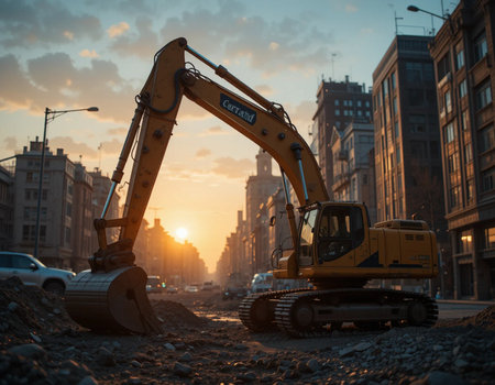 excavator on a construction site at sunset. heavy duty machinery for construction workの素材