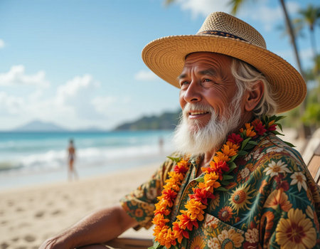 Senior man in Hawaiian shirt and hat sitting on the beachの素材