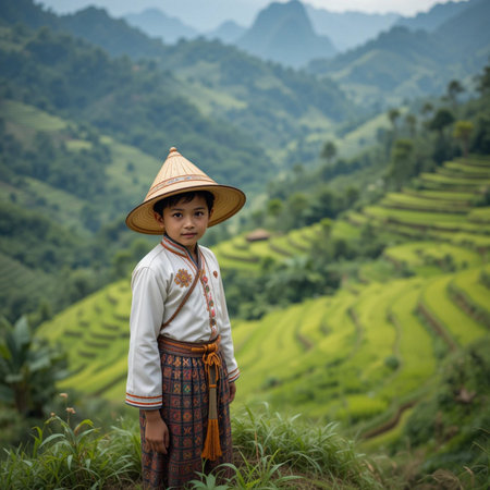 Vietnamese woman in the rice terraces of Mu Cang Chai, Vietnamの素材