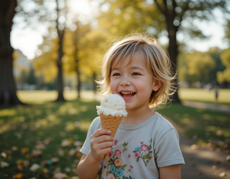 Cute little girl eating ice cream in the park on a sunny dayの素材