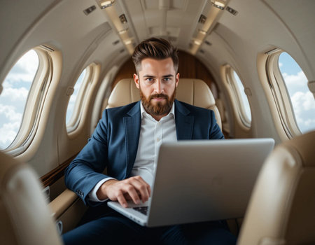 Handsome businessman working on laptop while sitting in private jet.の素材