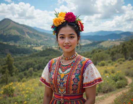 Portrait of a beautiful Asian woman with flower wreath in the mountainsの素材