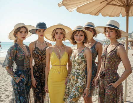 Group of beautiful women in elegant dresses and straw hats at the beachの素材