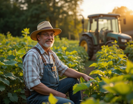 Portrait of senior farmer sitting in his field and looking at cameraの素材