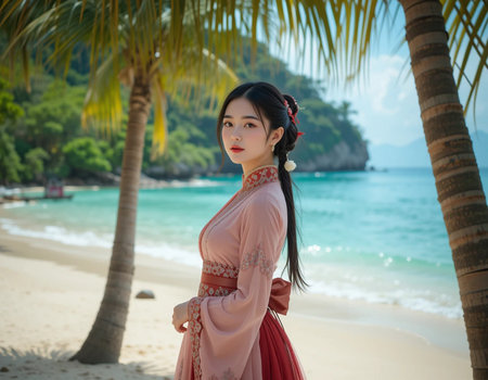 Portrait of a beautiful Asian girl in kimono on the beachの素材