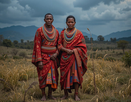Two Masai women in traditional clothes standing in a field in Kenyaの素材