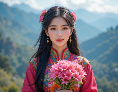 beautiful asian woman in kimono holding flowers on the mountainの素材