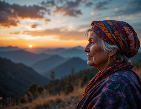 Portrait of a beautiful senior woman in the mountains at sunset.の素材