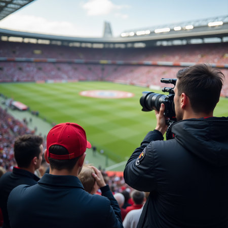 Rear view of a cameraman with a camera on the background of a football stadiumの素材