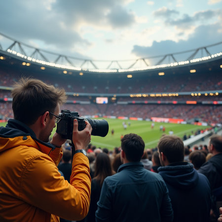 Rear view of a male photographer taking a picture of a football matchの素材