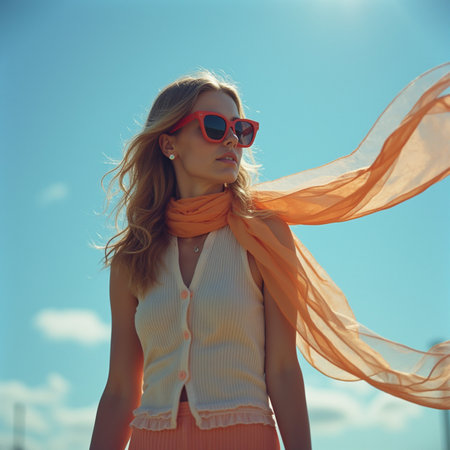 Beautiful blonde girl in sunglasses and scarf on the background of blue skyの素材