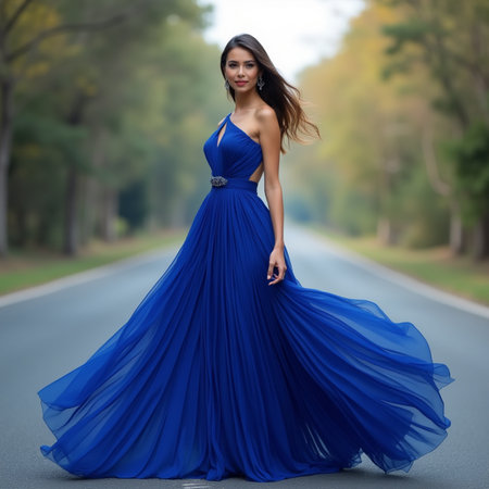 Beautiful girl in a long blue dress walking on the road.の素材