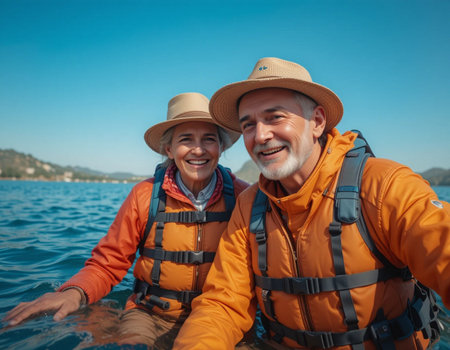 Happy senior couple in life jackets looking at camera and smiling while standing in seaの素材