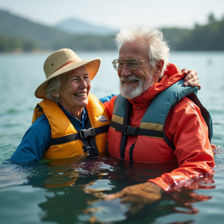 Happy senior couple in life jackets relaxing on a lake in the summerの素材