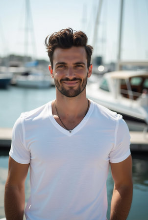 Portrait of handsome young man standing in front of yachtsの素材