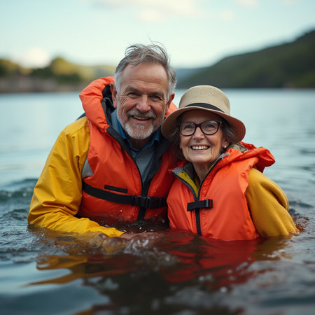 Happy senior couple in life jackets swimming in lake at summer day.の素材