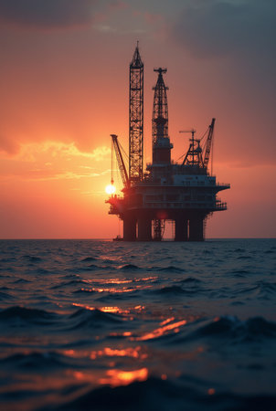 Oil and gas platform in the sea at sunset. Oil and gas industry.の素材