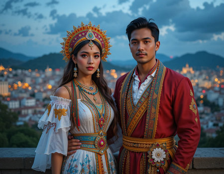 Beautiful asian couple in traditional clothes posing on the top of the hill at sunset.の素材