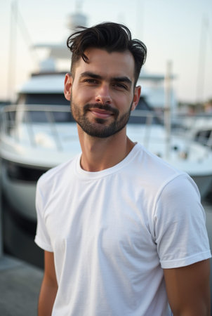 Portrait of handsome young man in white t-shirt standing by yachtsの素材