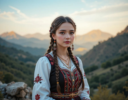 Portrait of a beautiful girl in a Ukrainian national costume on the background of the mountains.の素材