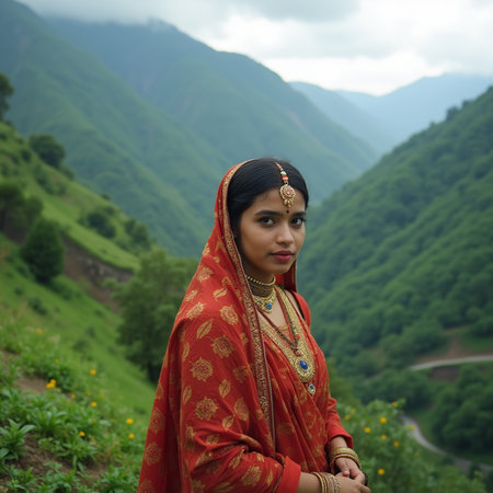Young beautiful Indian woman in saree on the background of mountainsの素材