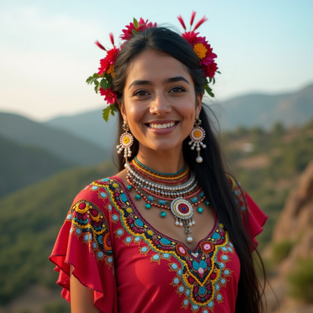 Portrait of a beautiful young woman in a traditional costume smiling at the camera.の素材