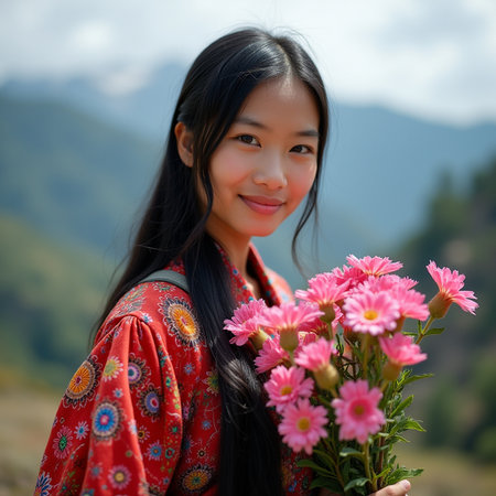 Beautiful asian girl with flower in her hand, Thailand.の素材