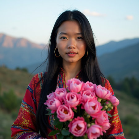 Beautiful Asian woman with a bouquet of pink roses in the mountainsの素材