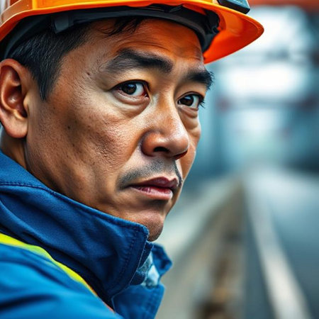 Portrait of a worker wearing a safety helmet and looking at cameraの素材