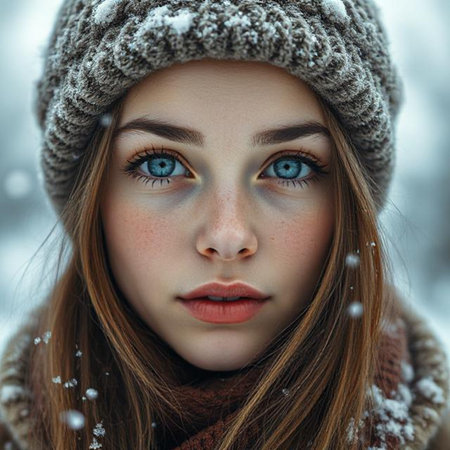 Winter portrait of a beautiful young woman with blue eyes in winter clothesの素材