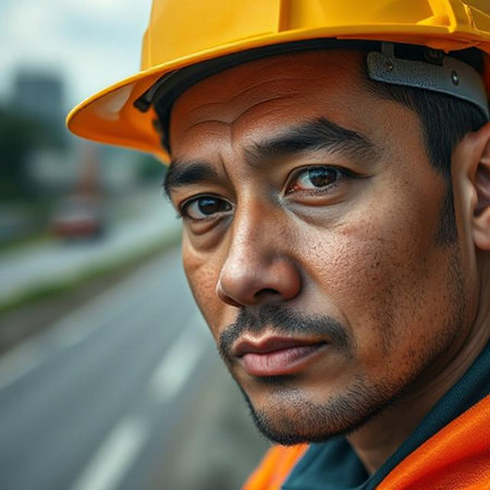portrait of Indian construction worker wearing safety helmet and looking at cameraの素材