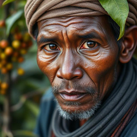 Portrait of an Indian farmer with coffee beans in his hand.の素材
