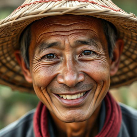 Portrait of a smiling old man in a straw hat in Vietnamの素材