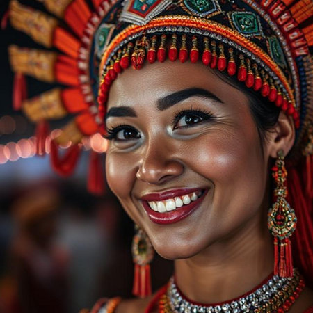 Beautiful african american woman in traditional costume smiling at cameraの素材