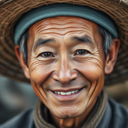 Portrait of a smiling old man in a straw hat, close upの素材