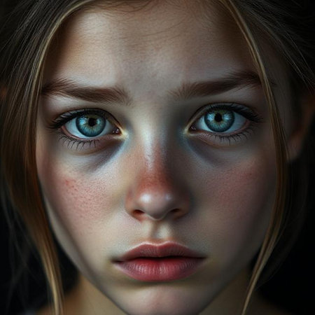 Close-up portrait of a beautiful young girl with blue eyes.の素材