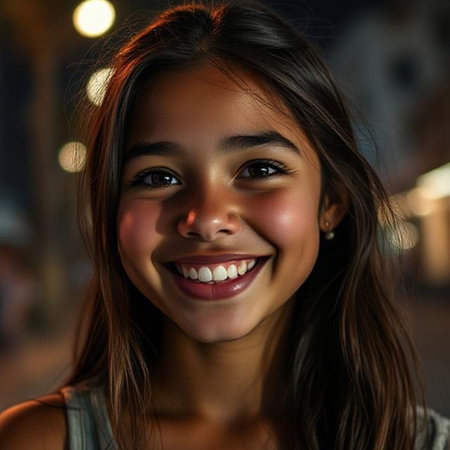 Portrait of a beautiful young woman in the city at night.の素材