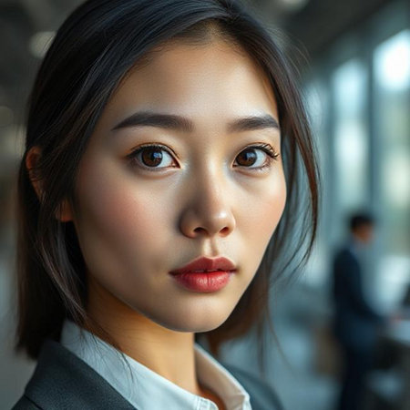 Portrait of beautiful Asian businesswoman looking at camera in officeの素材