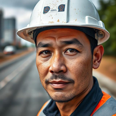 portrait of Asian worker wearing safety helmet and safety vest at construction siteの素材