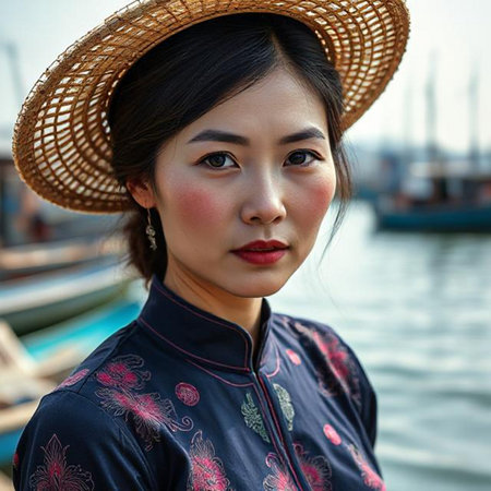 Beautiful Vietnamese woman in traditional dress and hat on the boat background.の素材
