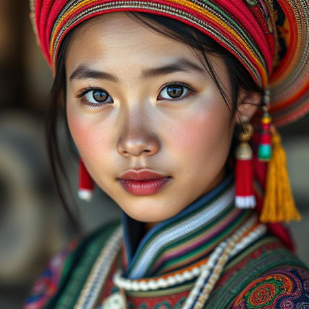 Portrait of a beautiful young Asian woman in traditional costume.の素材
