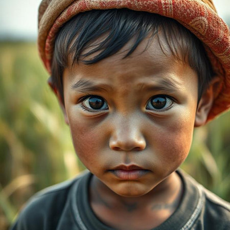 Portrait of a little Indian boy in the field looking at cameraの素材