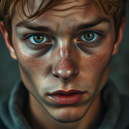 Close-up portrait of a boy with freckles on his faceの素材